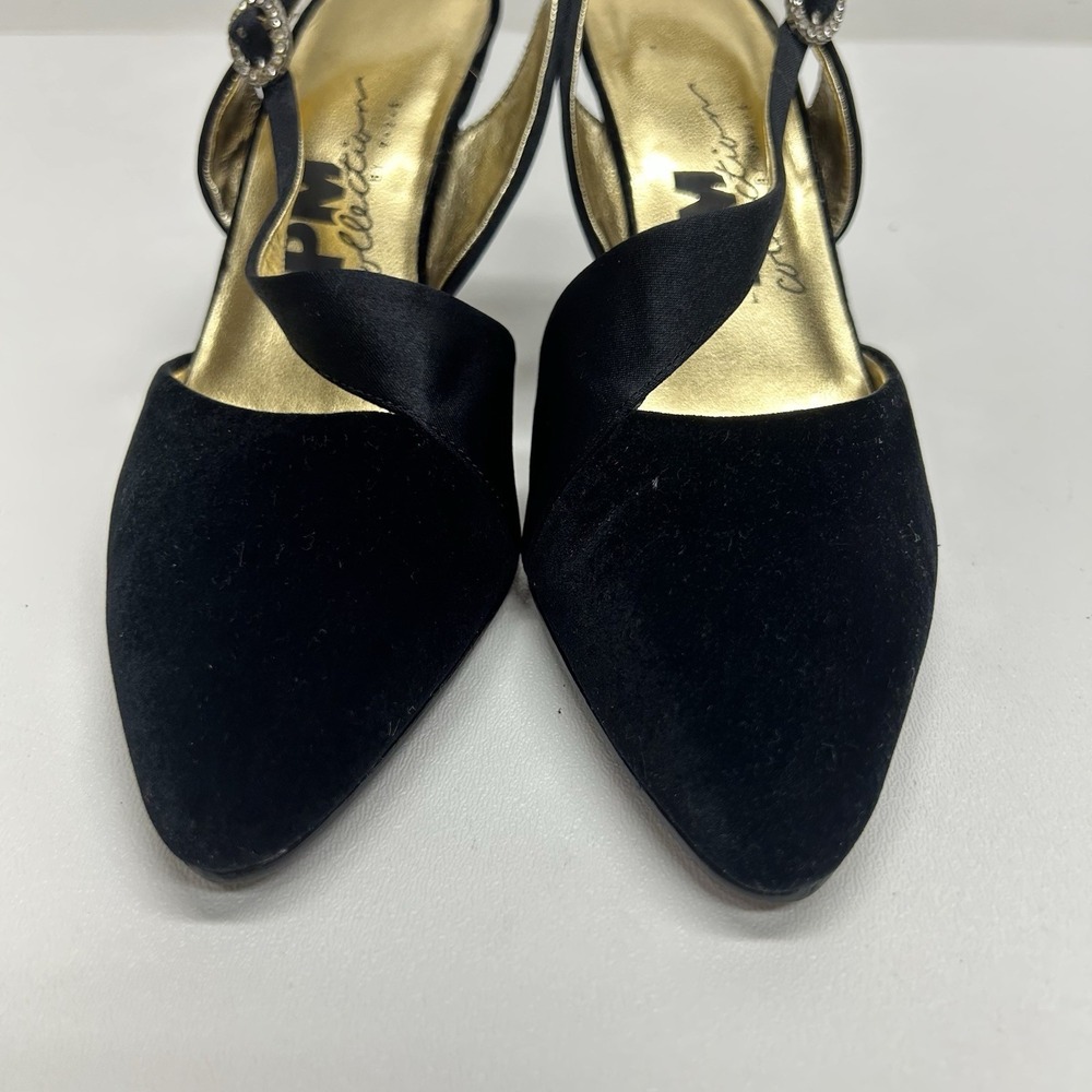 Vintage 90s PM Collection 925 Black Rhinestone Buckle Slingback Pumps Heels Sz 6 - Picture 5 of 13